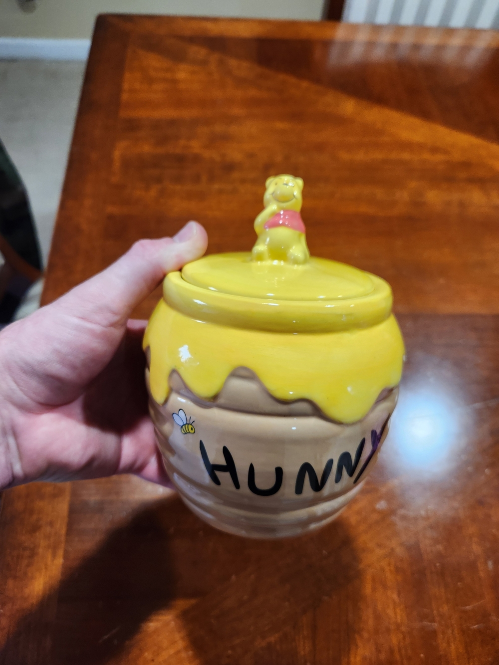 Disney Yellow and Tan Winnie the Pooh 'Hunny' Ceramic Canister with Figurine Lid